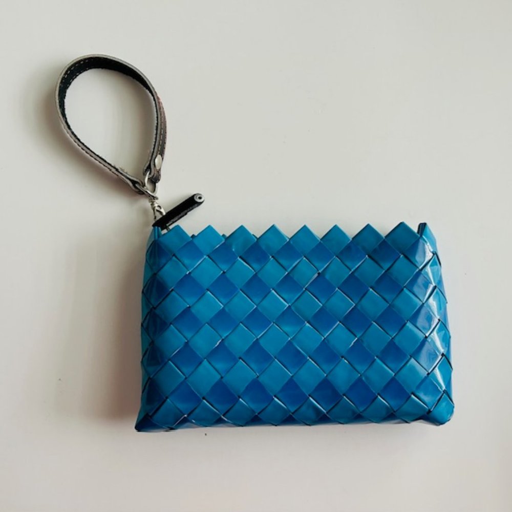 Nahui Ollin Clutch Wristlet Recycled Wrappers Blue Zipper Close Boho